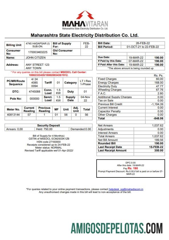 Conta de serviços públicos da Índia Mahavitaran Co Ltd exemplo real